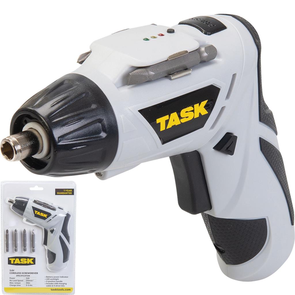 Task 3.6v Rechargeable Battery Power Cordless Screwdriver Drill Bit Set 5pc Task 3.6v Rechargeable Battery Power Cordless Screwdriver Drill Bit Set 5pc