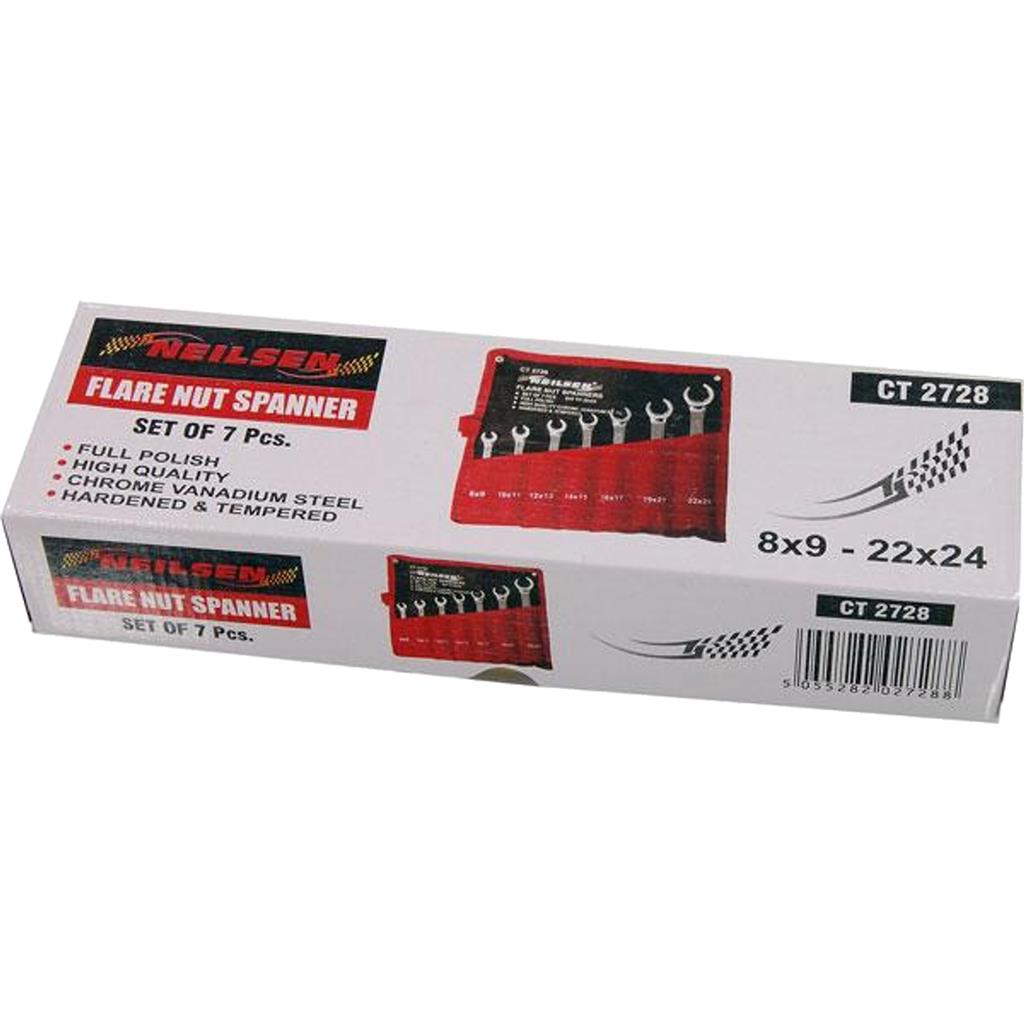 Neilsen Flare Nut Wrench Open-Ended Brake Pipe Spanner Set 7pc 8mm - 24mm Neilsen Flare Nut Wrench Open-Ended Brake Pipe Spanner Set 7pc 8mm - 24mm
