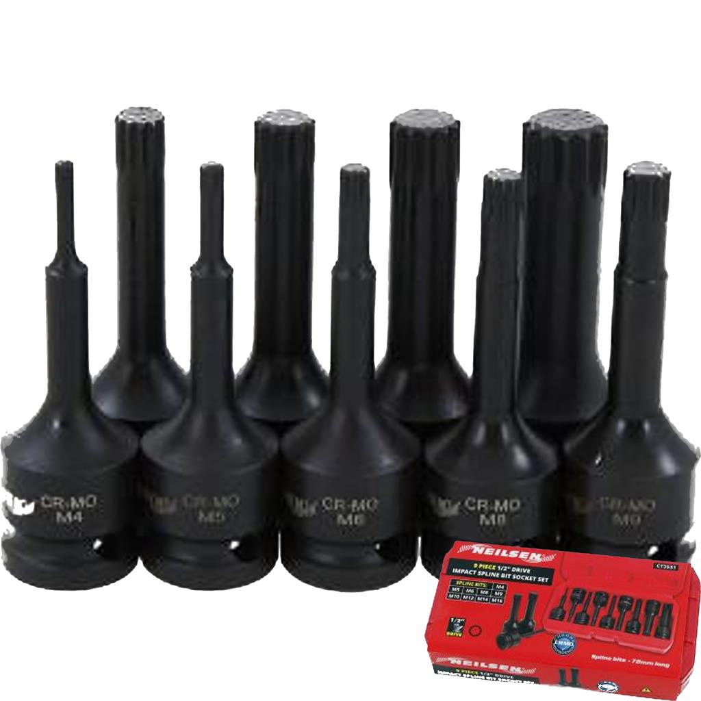 Neilsen Impact Spline Bit Sockets Set 1/2" Drive Impact Spline Sockets M4 - M16 Neilsen Impact Spline Bit Sockets Set 1/2" Drive Impact Spline Sockets M4 - M16