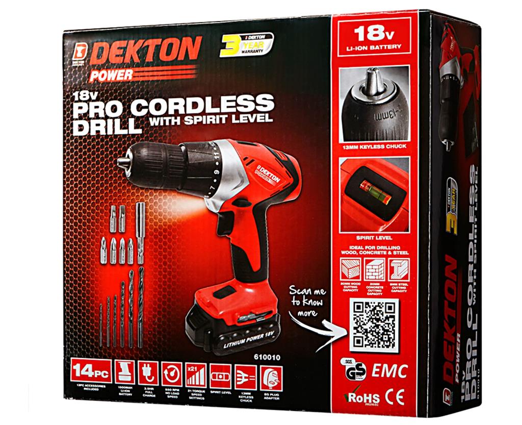 Dekton 18V Li-Ion Cordless Drill Electric Screwdriver Driver LED 13pc Bit Set Dekton 18V Li-Ion Cordless Drill Electric Screwdriver Driver LED 13pc Bit Set