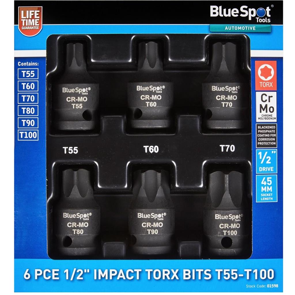 BlueSpot Impact Key Torx 1/2" Drive Bit Socket Set T55 - T100 Bits 6pc BlueSpot Impact Key Torx 1/2" Drive Bit Socket Set T55 - T100 Bits 6pc