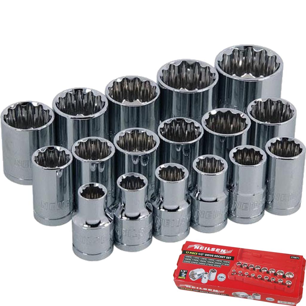 Neilsen Metric Drive Sockets 10mm - 30mm Socket Set In Bmc 17pc 1/2" Neilsen Metric Drive Sockets 10mm - 30mm Socket Set In Bmc 17pc 1/2"