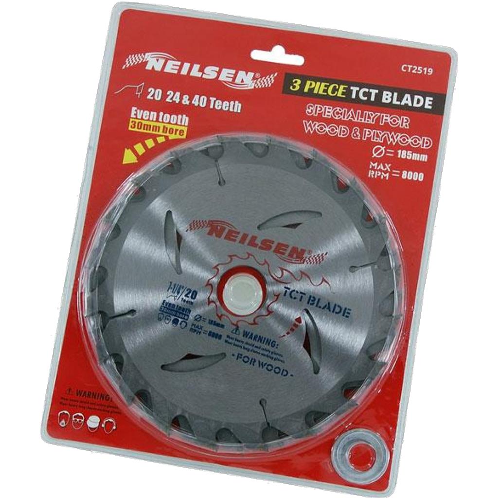Neilsen 3pc Tct Circular Mitre Saw Blade Blades 185mm Set For Wood Neilsen 3pc Tct Circular Mitre Saw Blade Blades 185mm Set For Wood