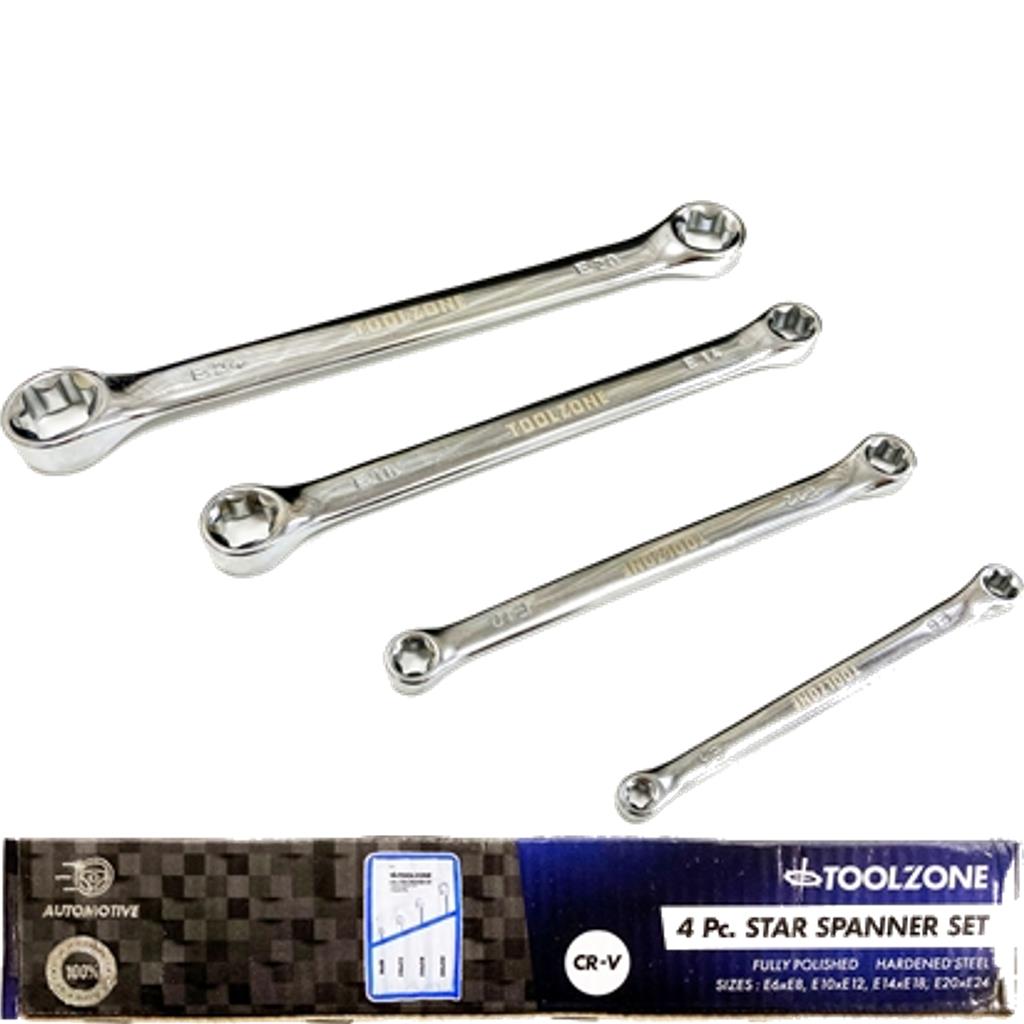Toolzone 4pc Double Ended Ring Star Spanner Set Wrench Spanners E6 - E24 Toolzone 4pc Double Ended Ring Star Spanner Set Wrench Spanners E6 - E24