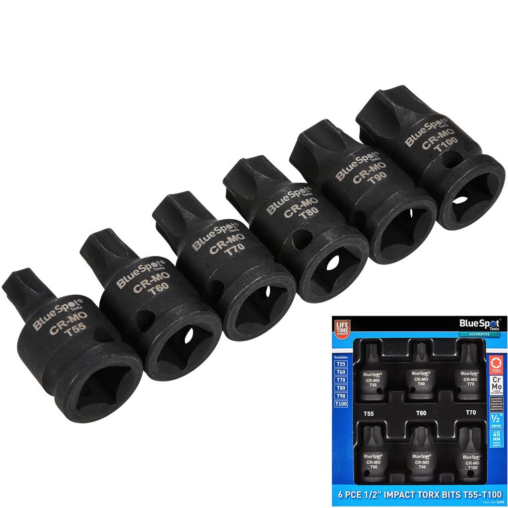 BlueSpot Impact Key Torx 1/2" Drive Bit Socket Set T55 - T100 Bits 6pc BlueSpot Impact Key Torx 1/2" Drive Bit Socket Set T55 - T100 Bits 6pc