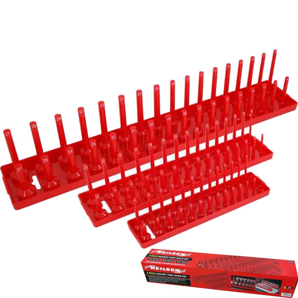 Neilsen 3pc Socket Stand Tray Rack Storage Rail Holder 1/2" 3/8" 1/4" Sockets Neilsen 3pc Socket Stand Tray Rack Storage Rail Holder 1/2" 3/8" 1/4" Sockets
