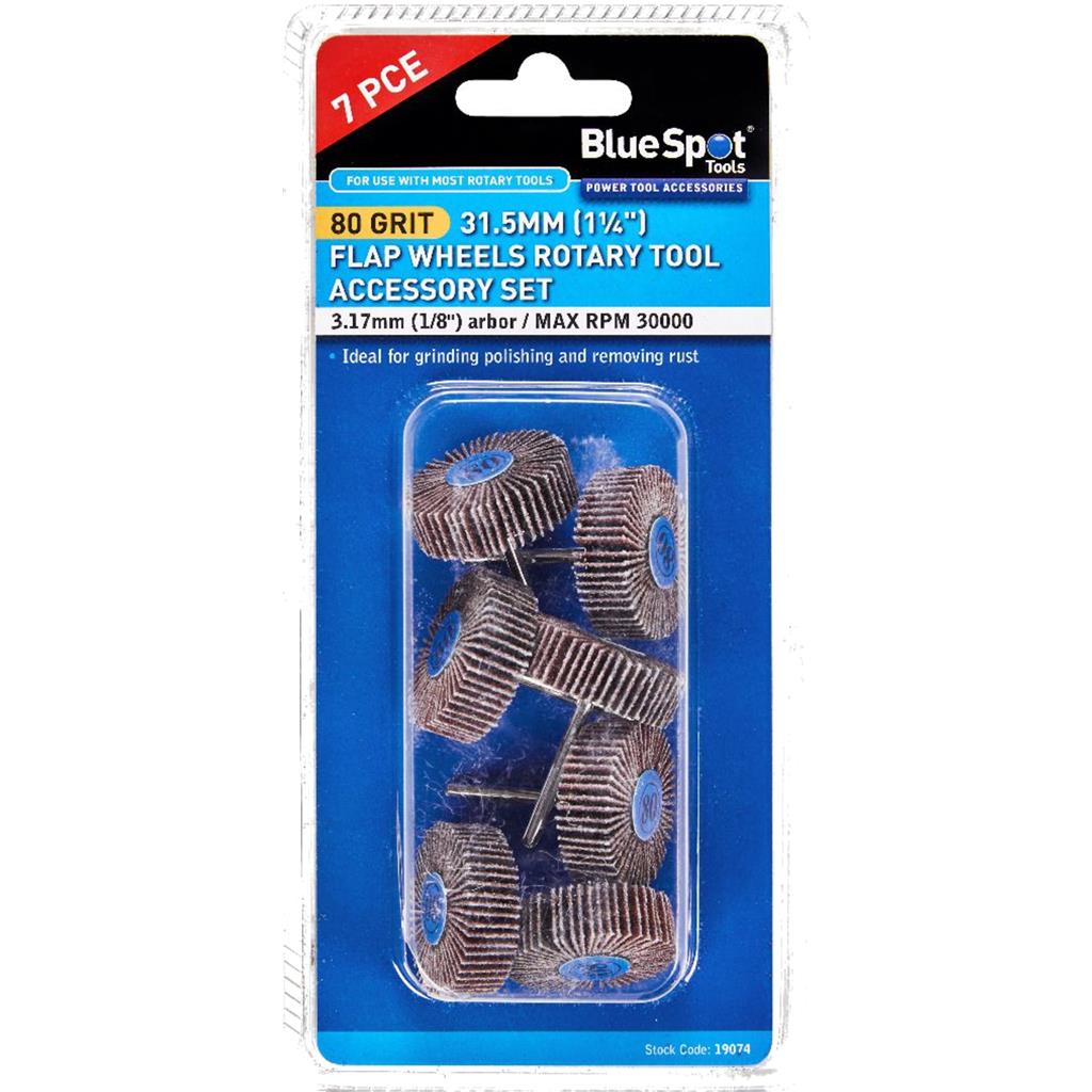 BlueSpot 7pc Flap Wheel Set 80 Grit Sanding Grinding Drill For Dremel 31.5mm