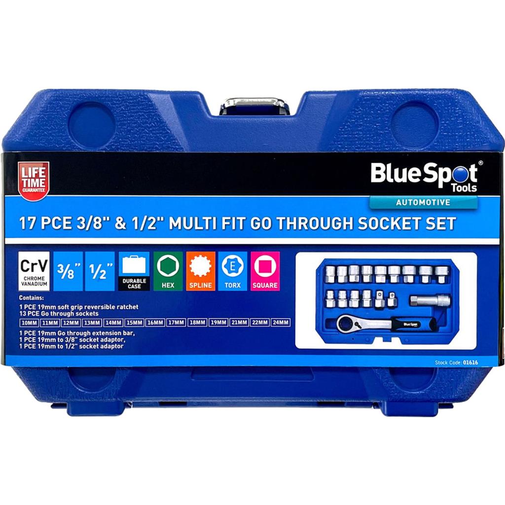 BlueSpot 17pc Drive Go Thru Multi Fit Socket Set 3/8" and 1/2" 10-24 mm