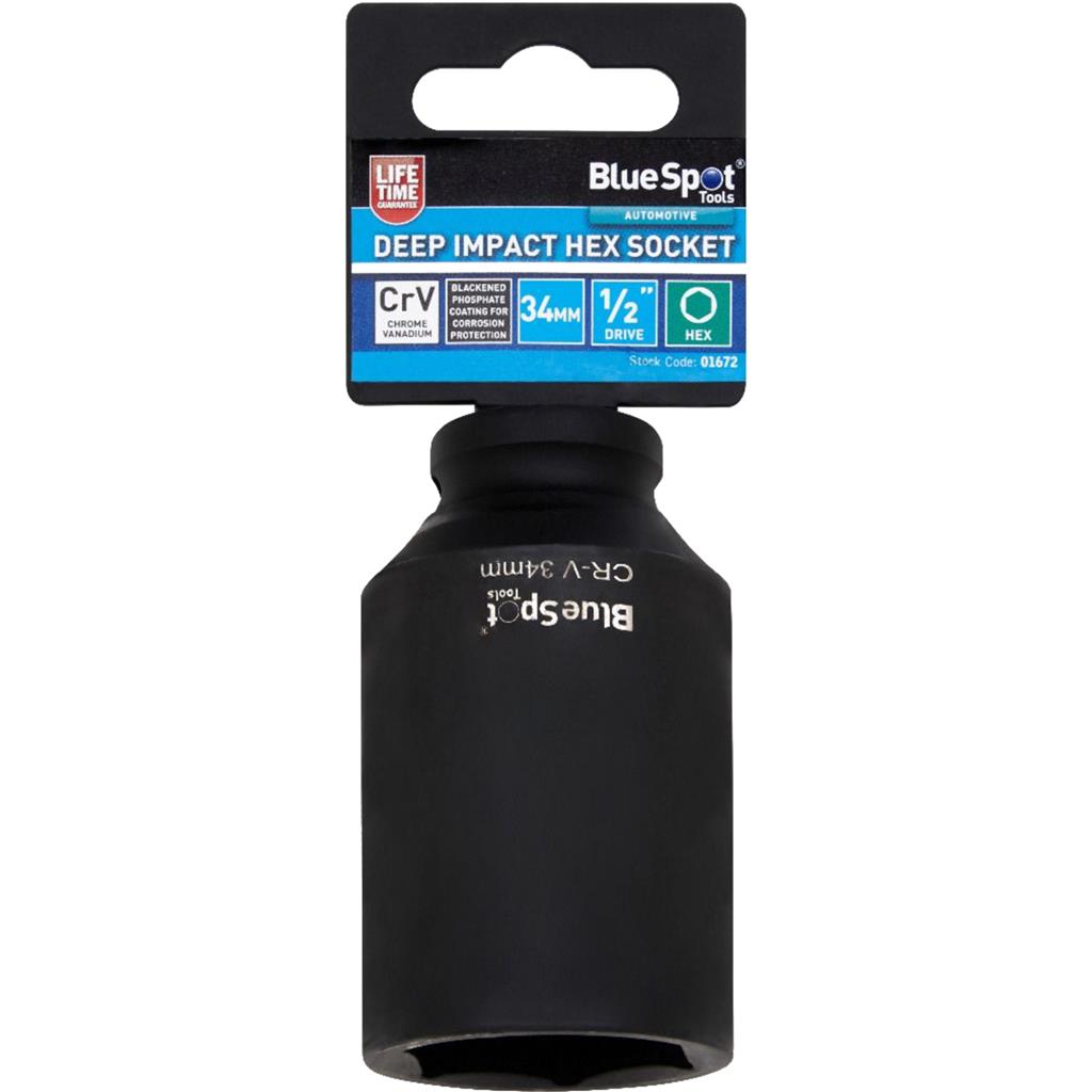 BlueSpot 34mm Deep Socket Impact Hex 6 Point Single CRV Steel 1/2" Drive