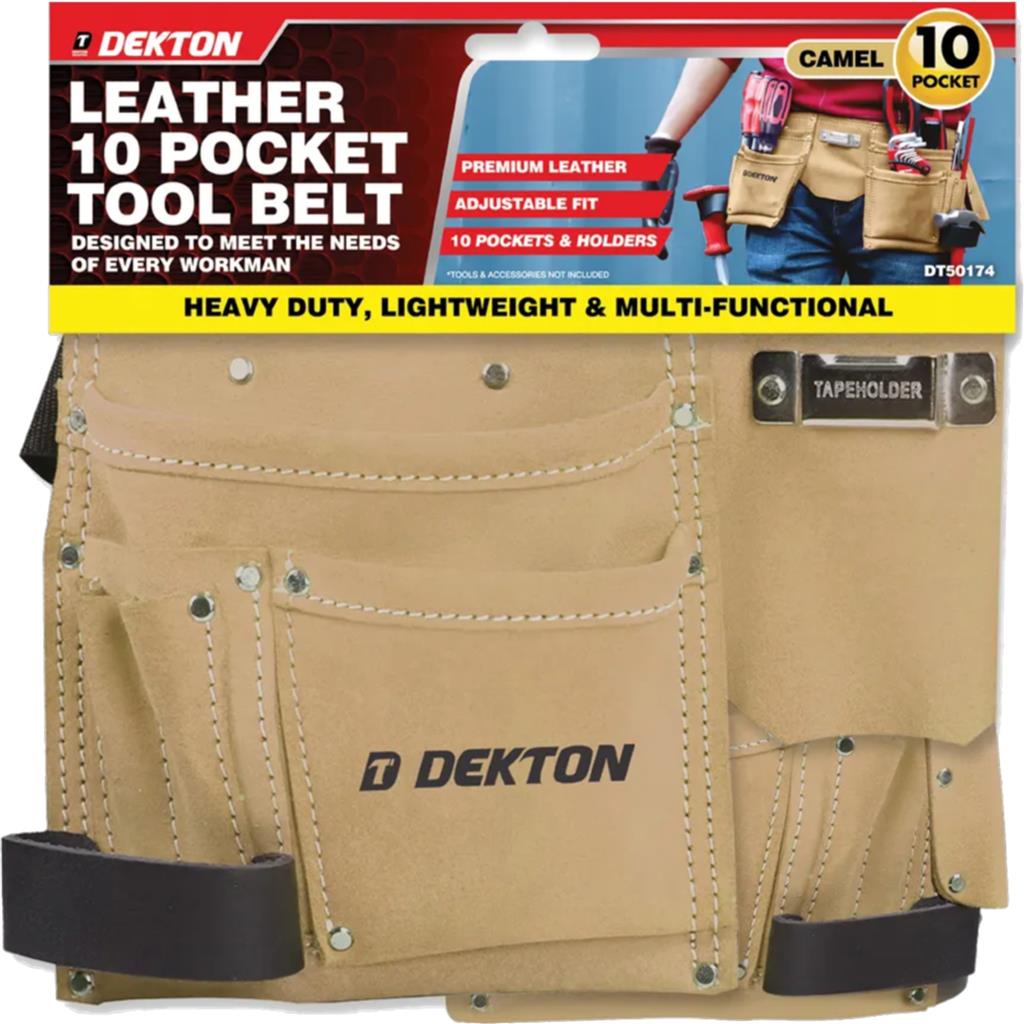 Dekton 10 Pocket Camel Leather Tool Nail Screw Pouch Belt Hammer Loop