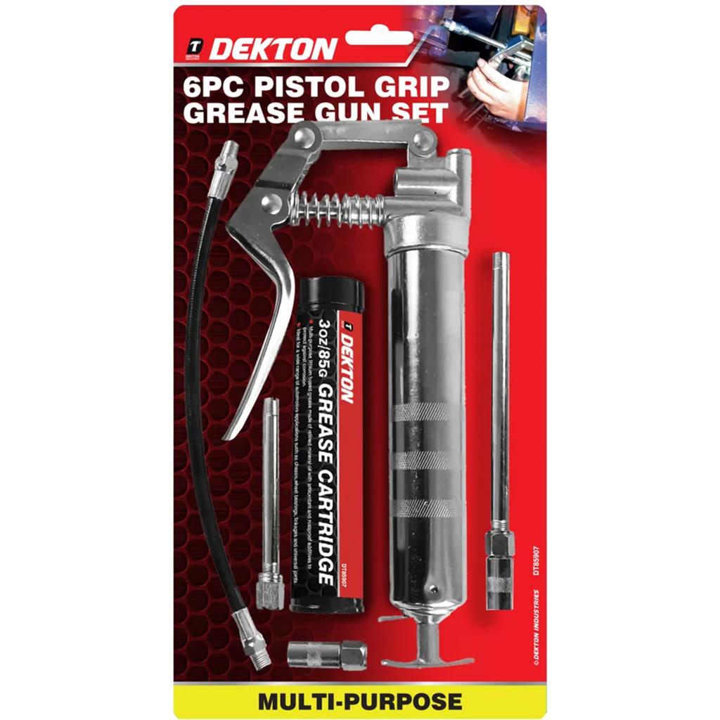 Dekton 6pc Manual Grease Gun Lever Pistol Grip Cartridge Type Flexi Hose 30oz