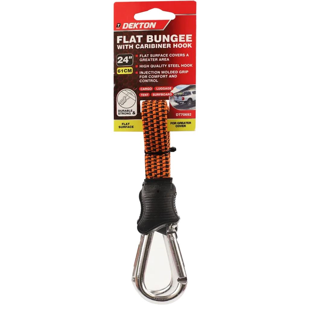 Dekton 24" Flat Bungee Cord With Carabiner Hook Clip 10mm Elastic Tie Down