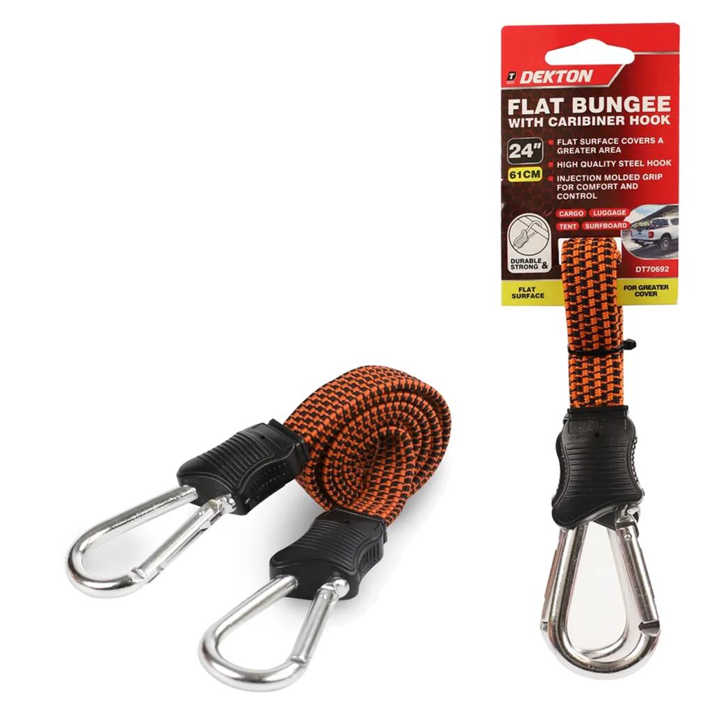 Dekton 24" Flat Bungee Cord With Carabiner Hook Clip 10mm Elastic Tie Down