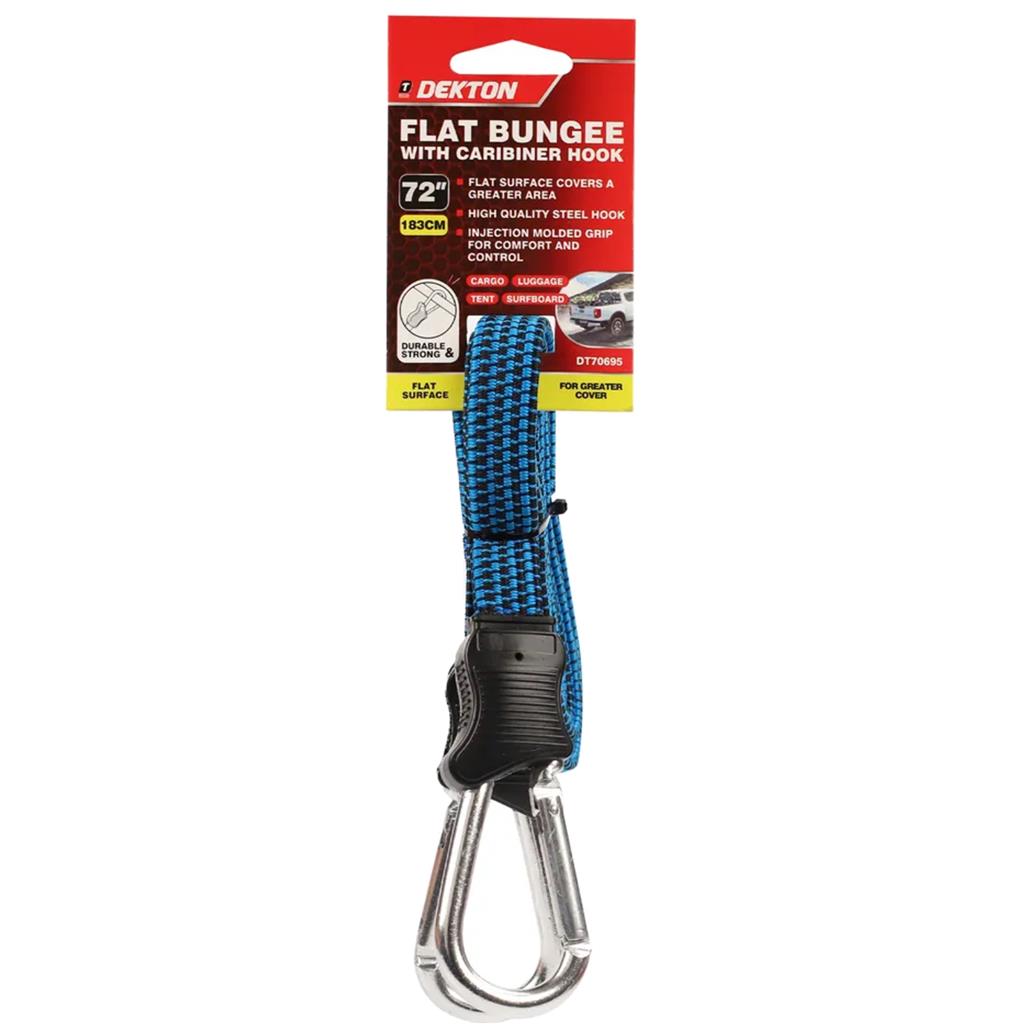 Dekton 72" Flat Bungee Cord With Carabiner Hook Clip 10mm Elastic Tie Down