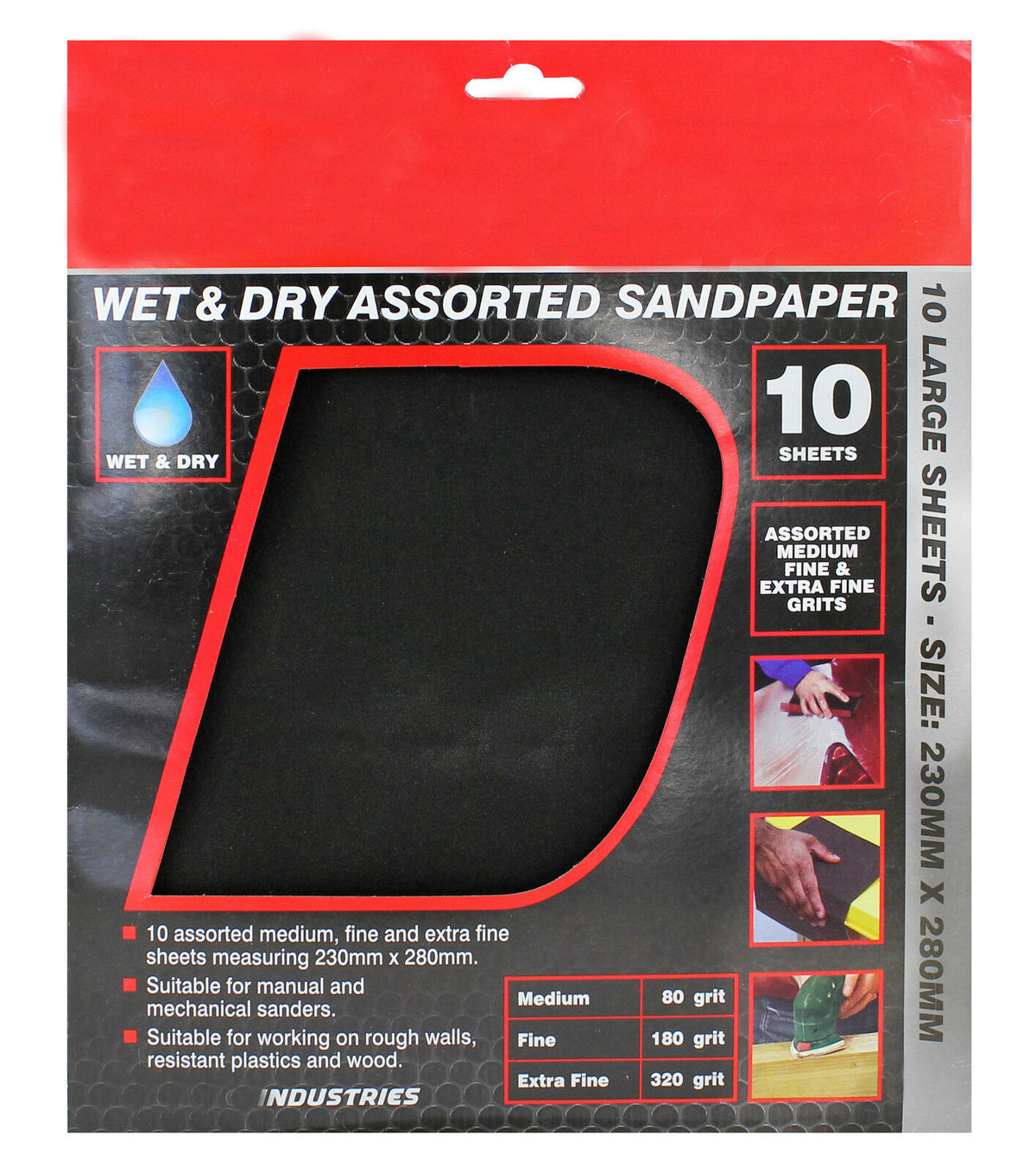 Dekton 10pc assorted sandpaper or wet & dry sheets coarse medium fine extra fine