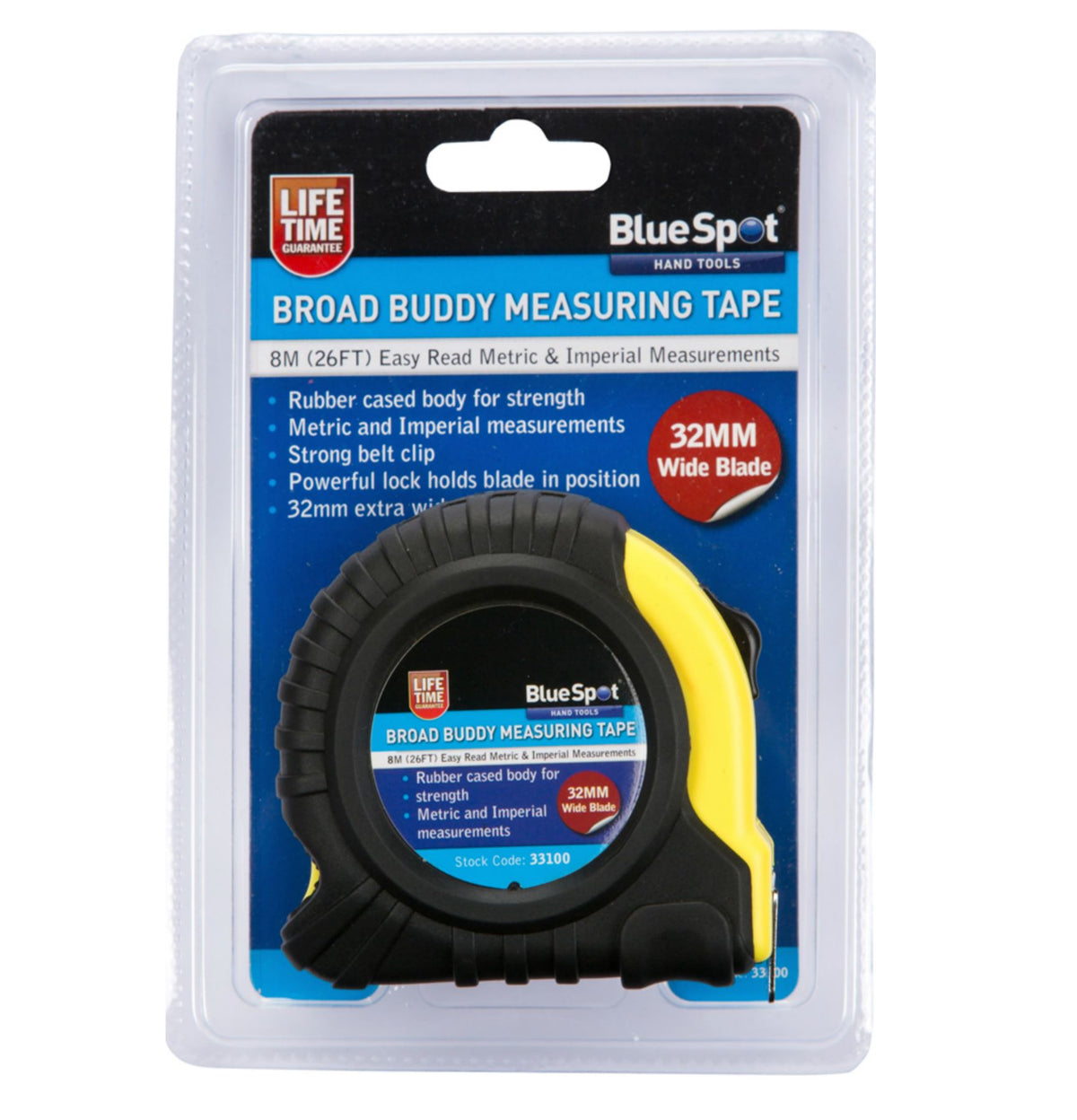 BlueSpot Extra Wide 32mm Blade Tape Measure Imperial Metric Scale 8m Or 10m