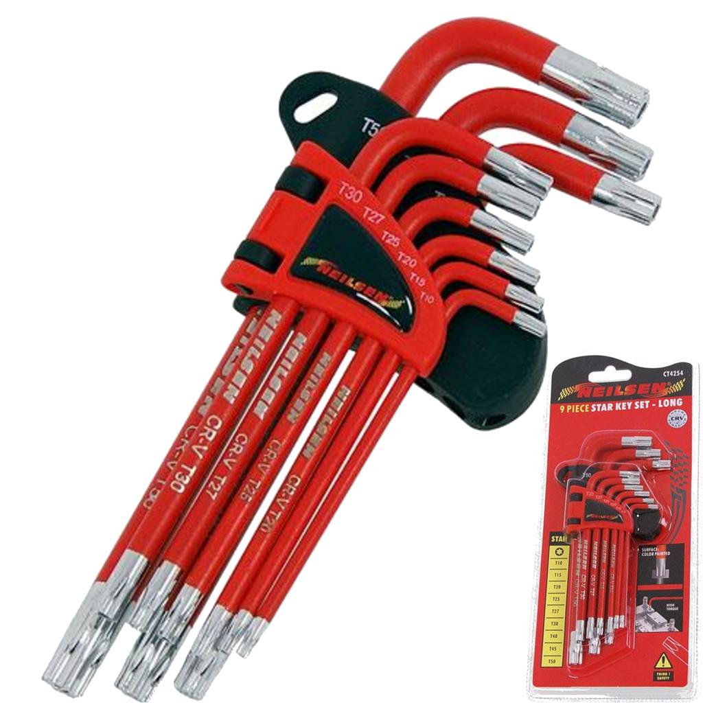 Neilsen 9pc Extra Long Tamperproof Offset Star Torx Allen Key Set T10–T50
