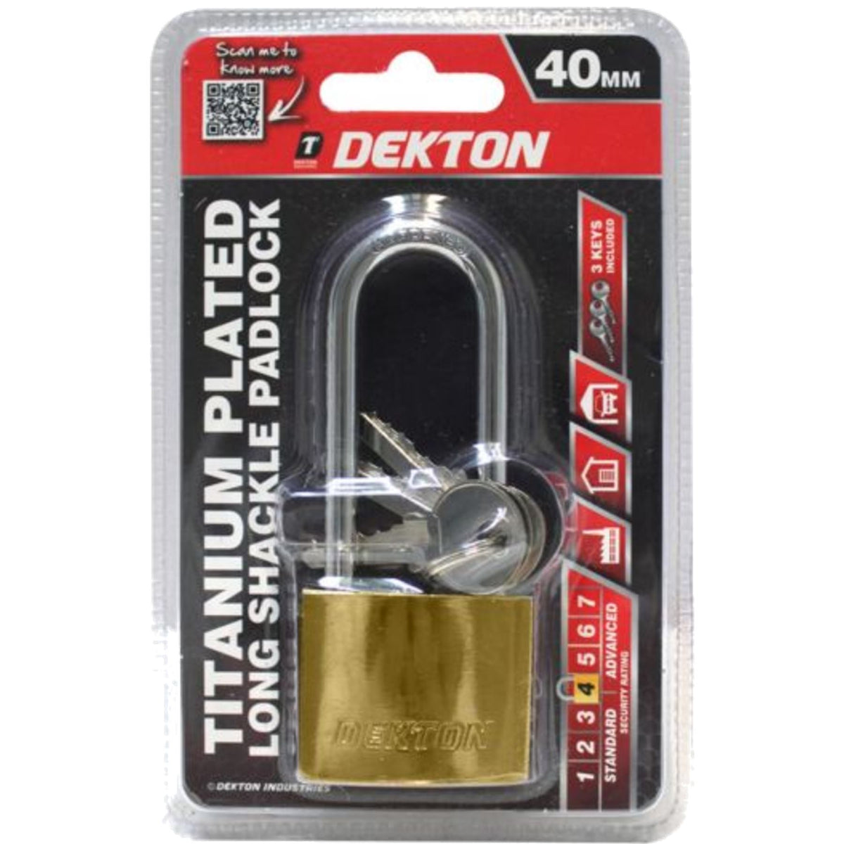 Dekton Titanium Plated Security Padlock Long Steel Shackle 3 Keys 40 - 50mm Lock