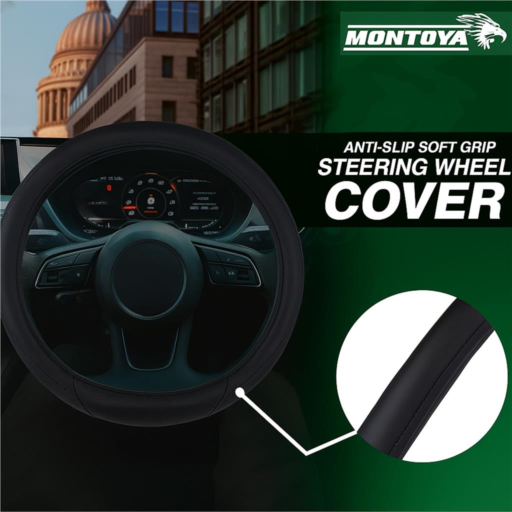 Montoya Steering Wheel Glove Cover Soft Grip Jet Black Leather Look Universal