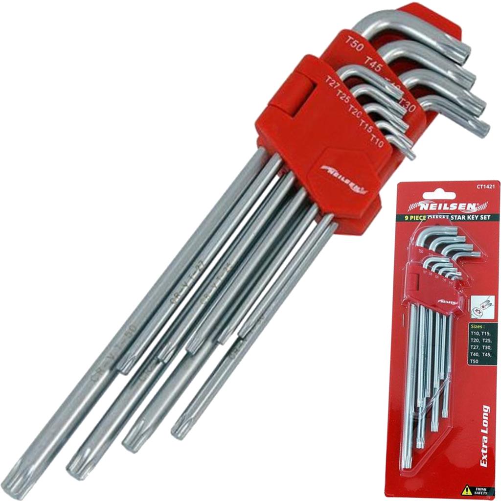 Neilsen 9pc Extra Long Arm Offset Star Torx Allen Wrench Key Set T10 - T50 Keys