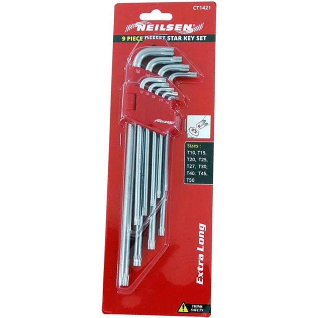 Neilsen 9pc Extra Long Arm Offset Star Torx Allen Wrench Key Set T10 - T50 Keys
