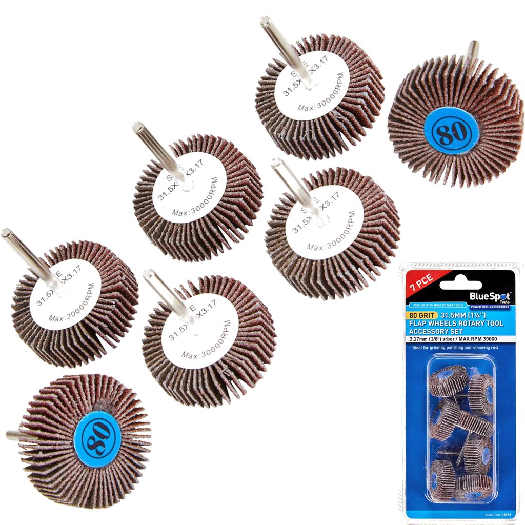 BlueSpot 7pc Flap Wheel Set 80 Grit Sanding Grinding Drill For Dremel 31.5mm