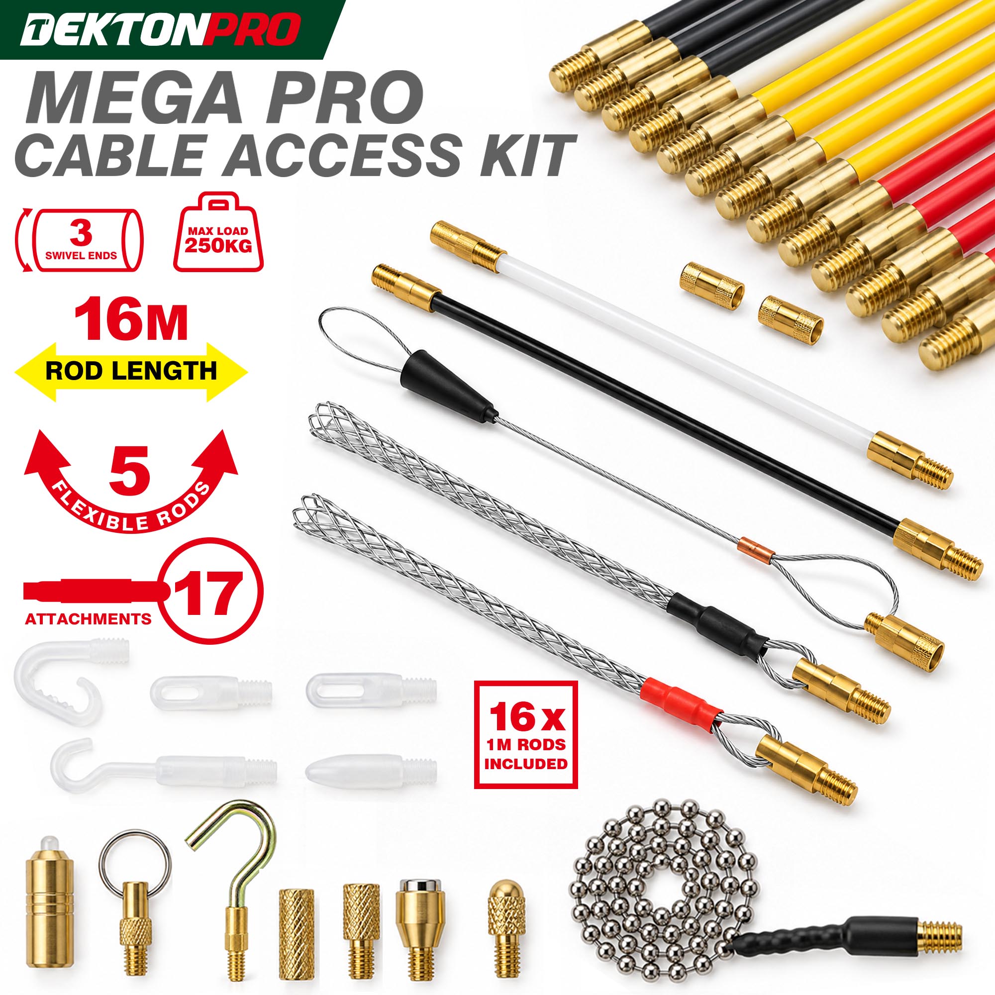 Dekton Mega Pro Cable Super Rod Kit 16m With Attachments Set Electrical Access