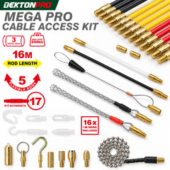 Dekton Mega Pro Cable Super Rod Kit 16m With Attachments Set Electrical Access