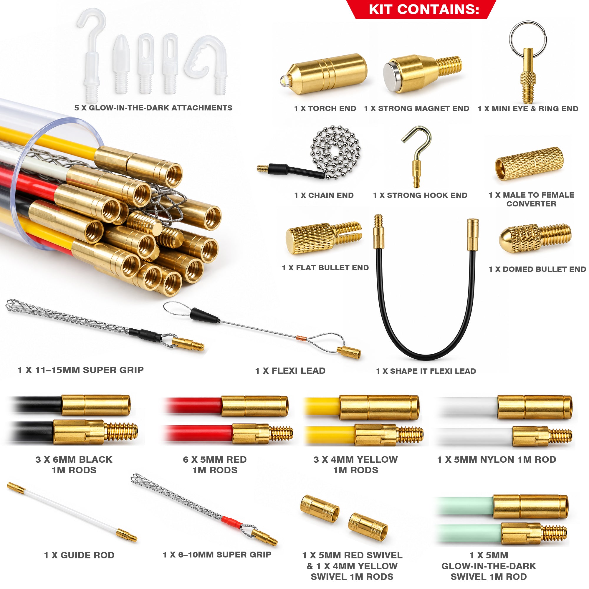 Dekton Mega Pro Cable Super Rod Kit 16m With Attachments Set Electrical Access