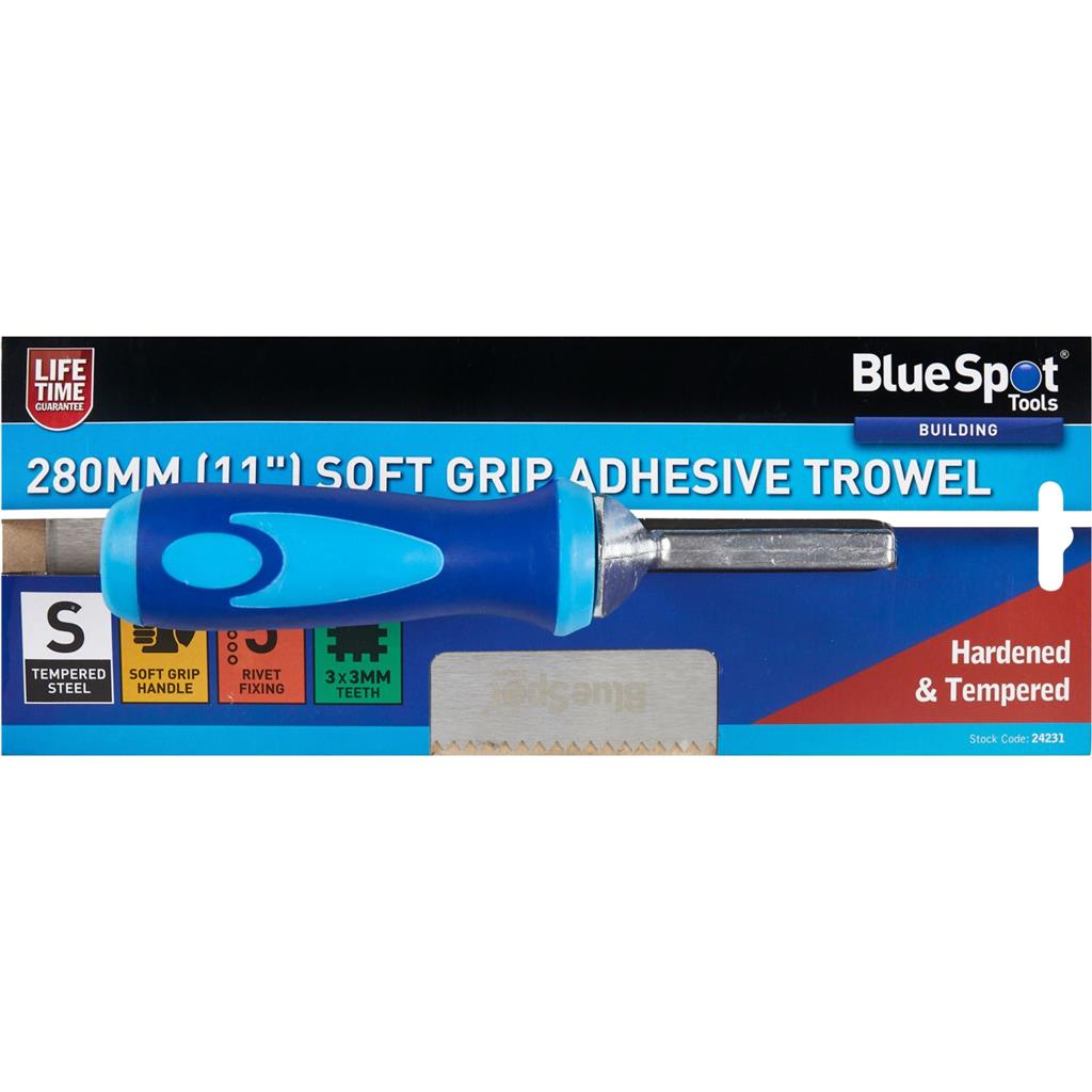 Bluespot 280mm 11" Soft Grip Adhesive Trowel 3x3 mm Notch Hardened Steel Blade