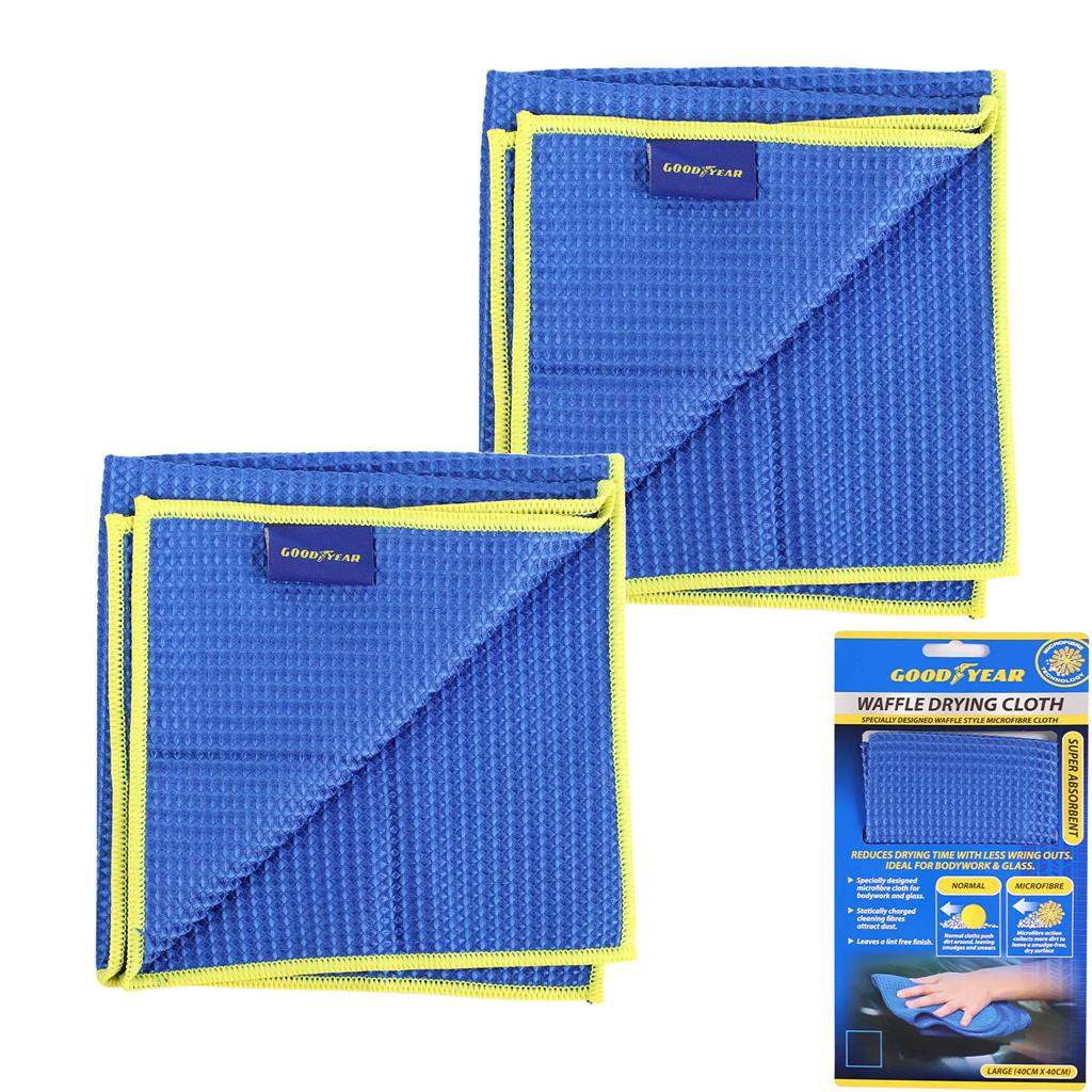 Goodyear 2pc Microfibre Waffle Microfibre Car Cleaning Cloth Wash Absorbent