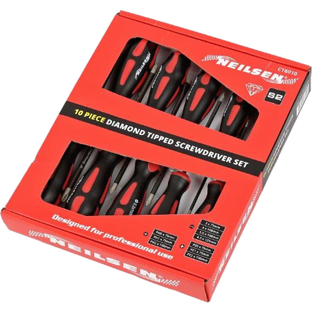 Neilsen 10pc Soft Grip Diamond Tipped Phillips Slotted Pozi Screwdriver Set