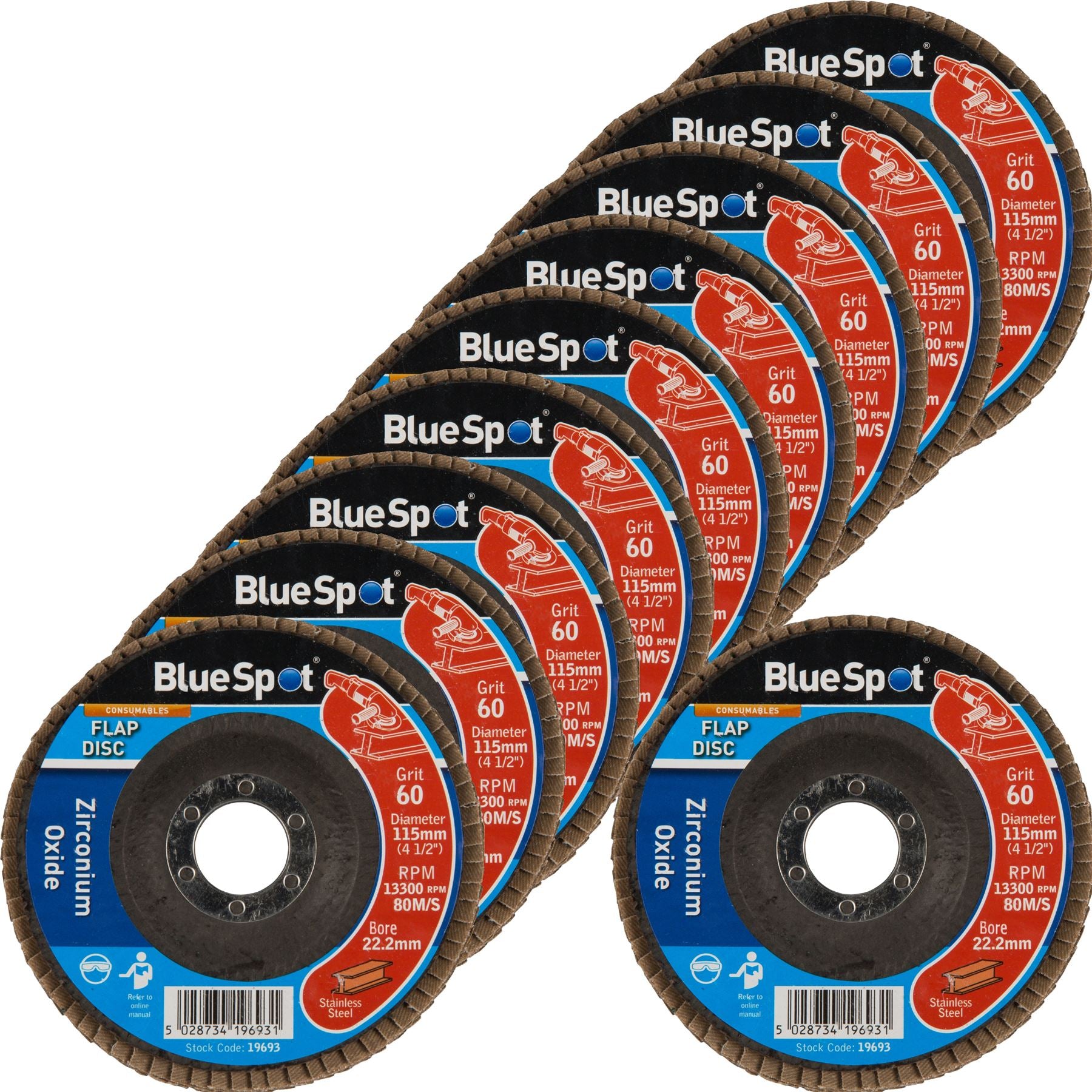 BlueSpot 10pc Sanding Zirconium Flap Disc Set Angle Grinder 40 60 80 120 Grit