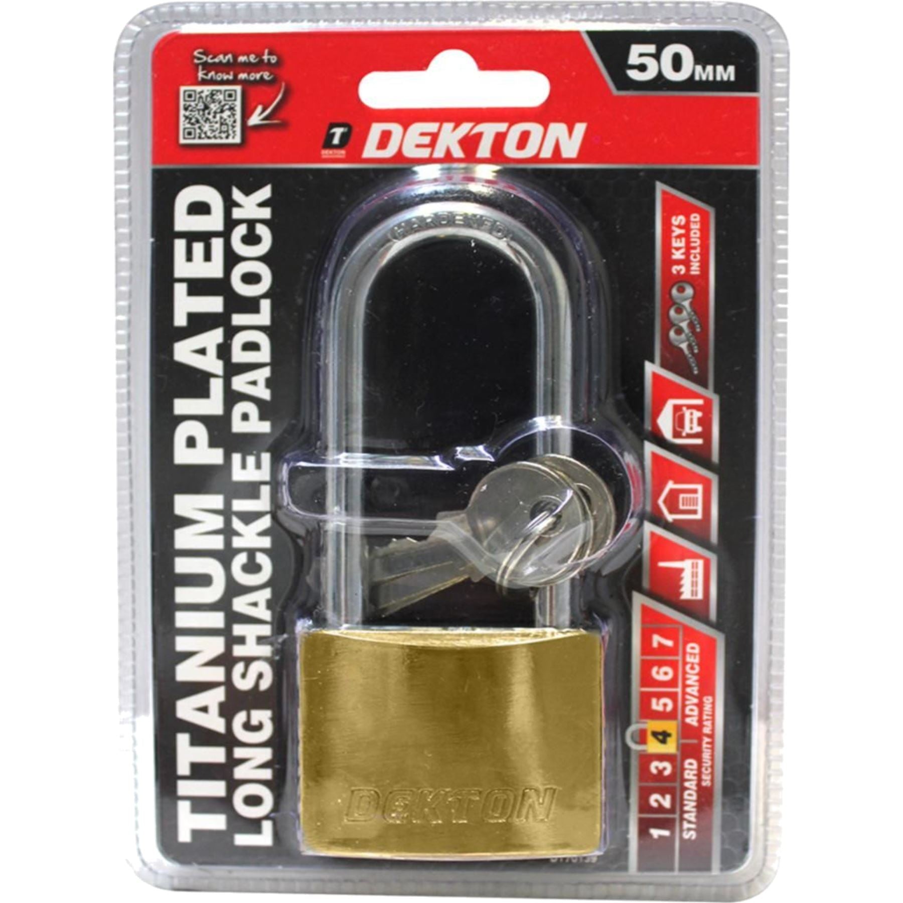 Dekton Titanium Plated Security Padlock Long Steel Shackle 3 Keys 40 - 50mm Lock