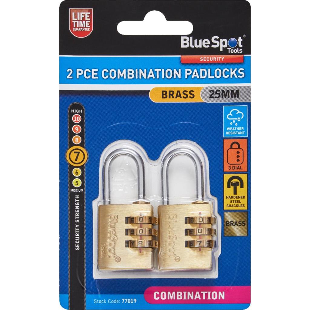 Bluespot 2pc 25mm Short Shackle 3 Dial Combination Locking Brass Padlock