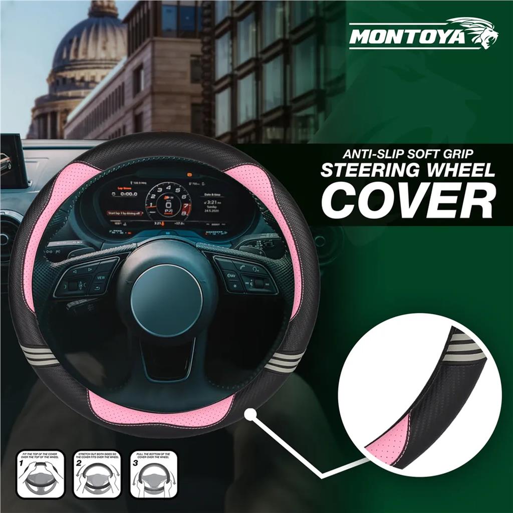 Montoya Steering Wheel Glove Cover Soft Grip Black & Pink Leather Look Universal