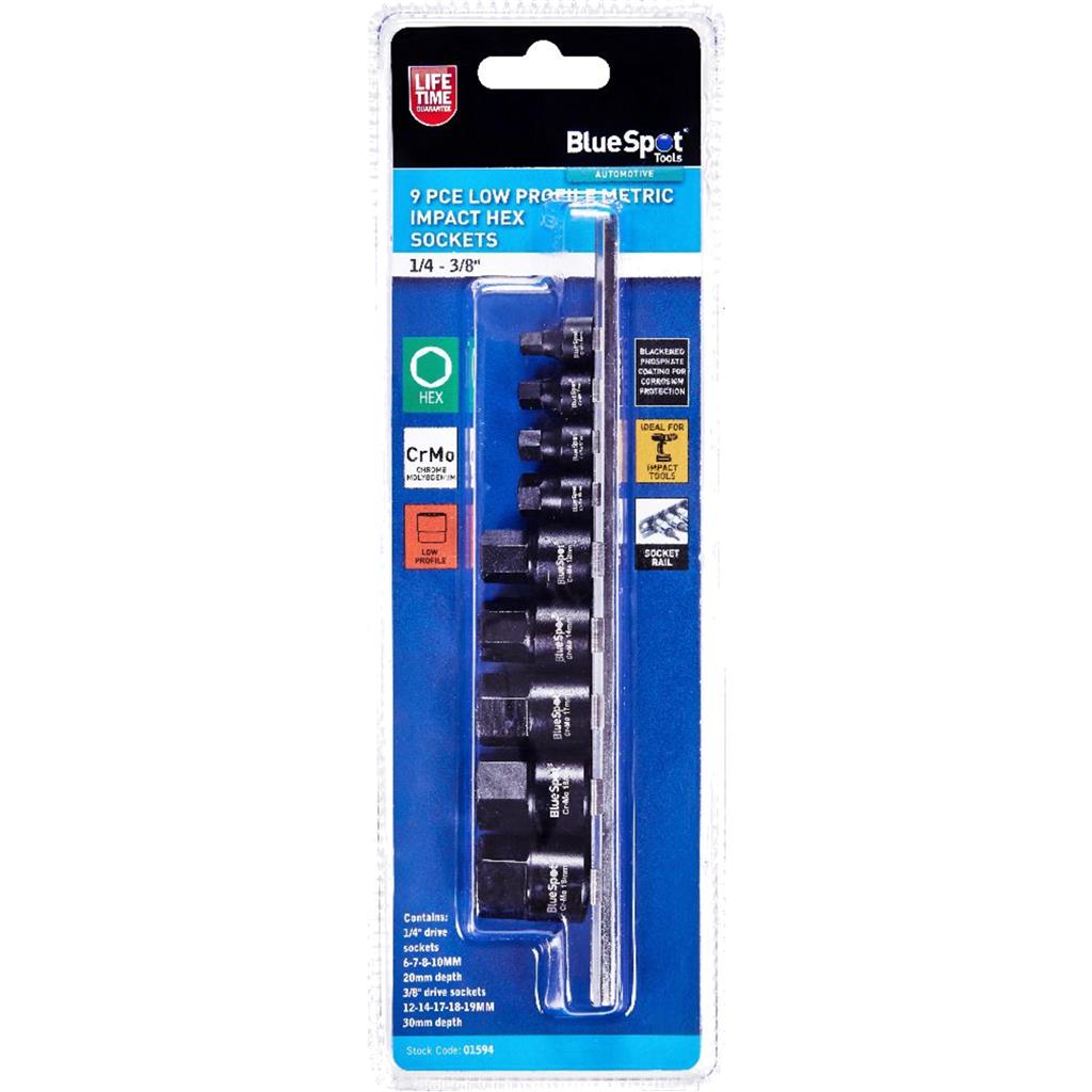BlueSpot 9pc 1/4" 3/8" Drive Low Profile Metric Impact Hex Sockets 6mm - 19mm