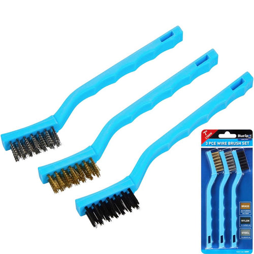 BlueSpot 3pc Soft Grip Mini Brush Set Nylon Brass Steel Cleaning Metal Rust 7"