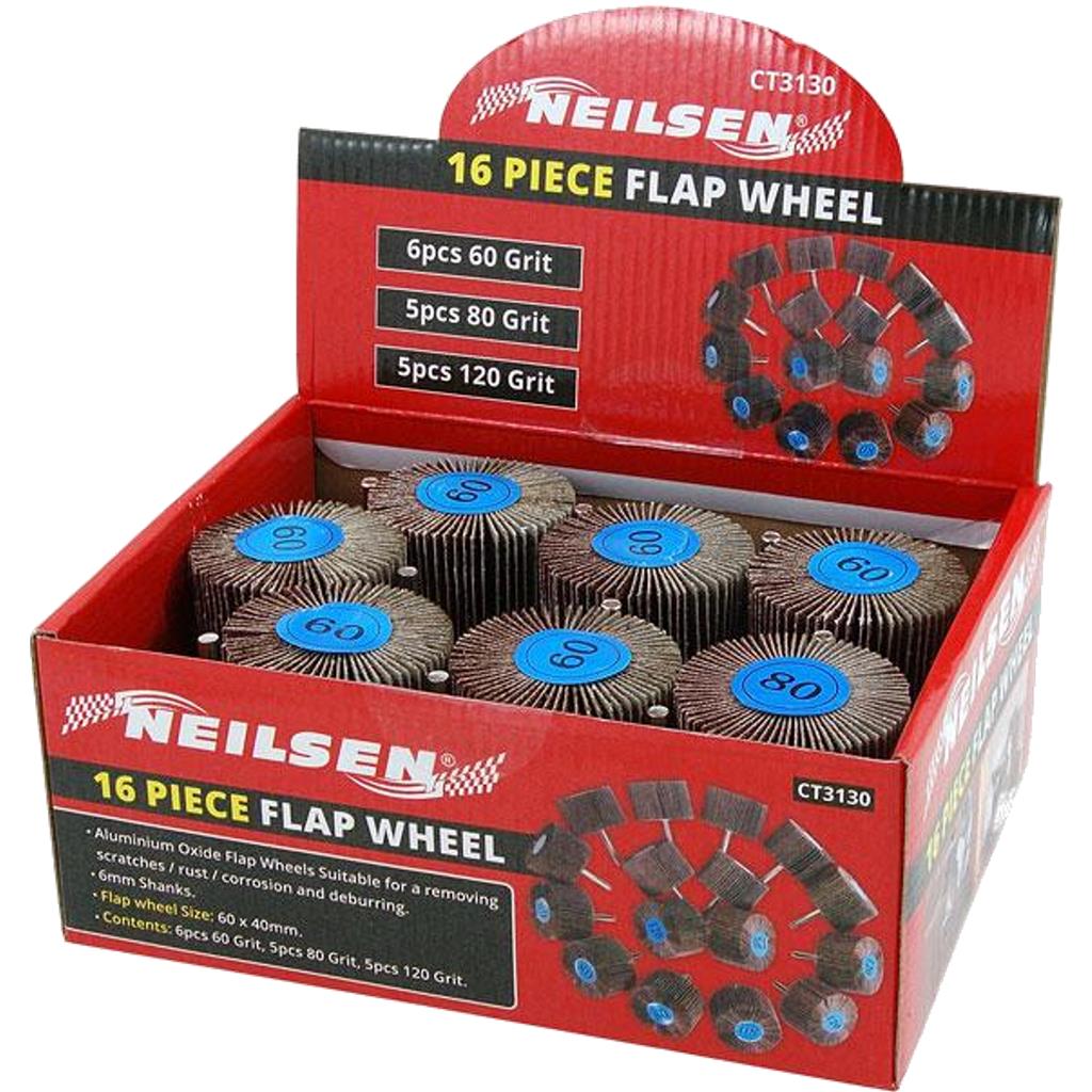 Neilsen 16pc Sanding Flap Wheel Disc Set For Drill 60 80 120 Grit Wood Metal