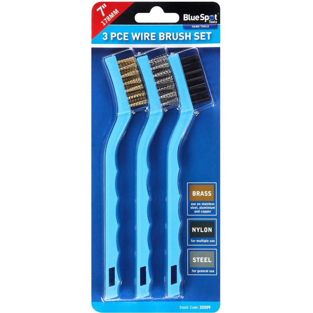 BlueSpot 3pc Soft Grip Mini Brush Set Nylon Brass Steel Cleaning Metal Rust 7"