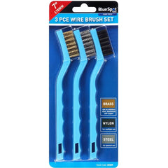 BlueSpot 3pc Soft Grip Mini Brush Set Nylon Brass Steel Cleaning Metal Rust 7"