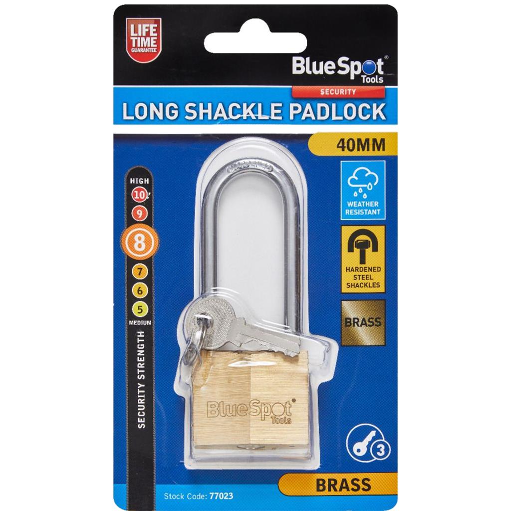 Bluespot 40mm Long Shackle Security Double Locking Brass Padlock & Keys Alike