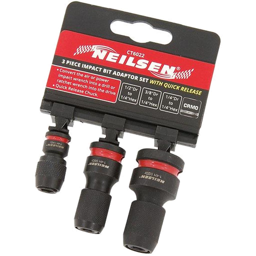 Neilsen 3pc Impact Bit Converter Quick Release Adapter 1/4" 1/2" 3/8" Set
