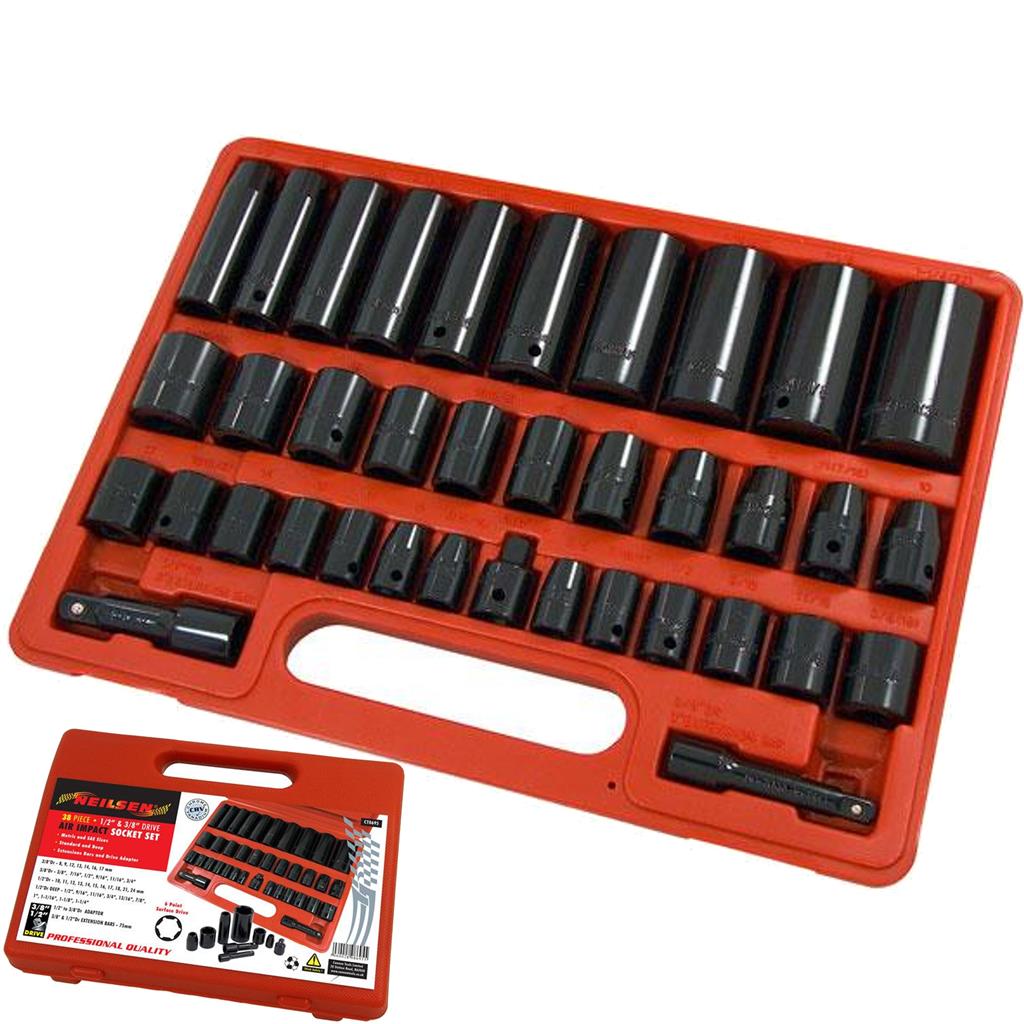 Neilsen 38pc Metric SAE Impact Sockets 8-24mm 3/4" 1/2" Drive Socket Set