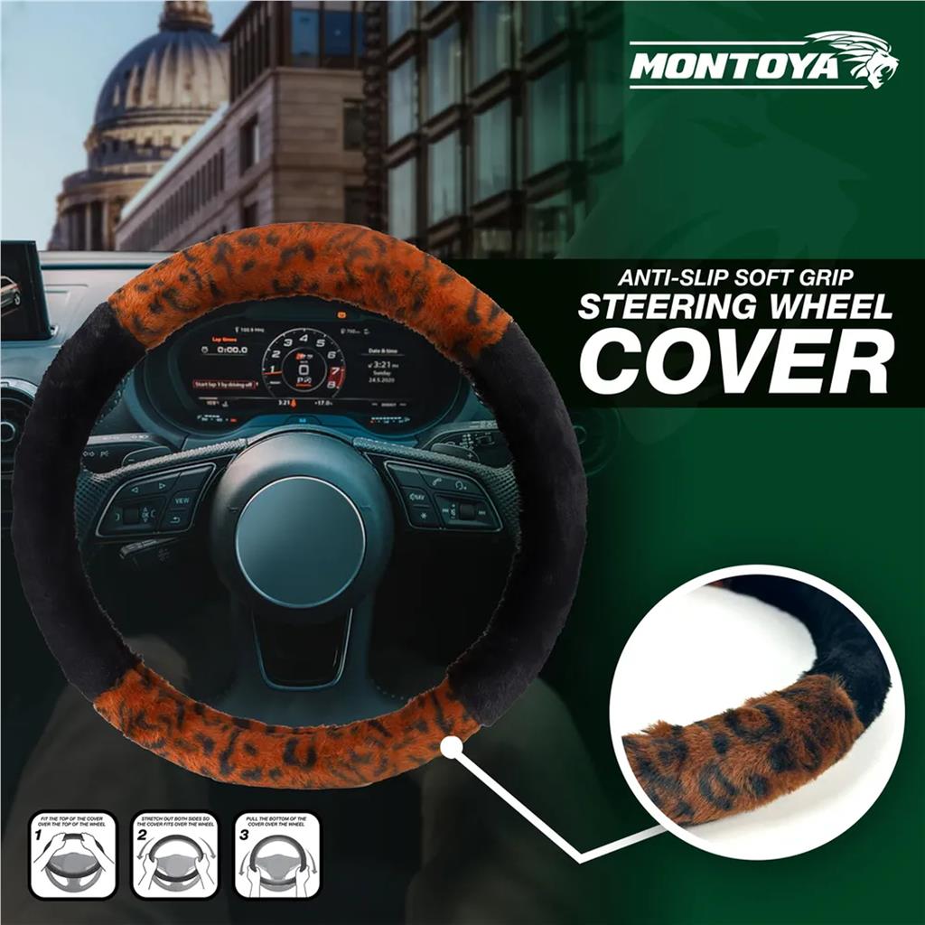 Montoya Steering Wheel Glove Cover Soft Grip Furry Leopard Print Universal