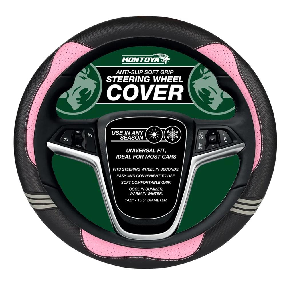 Montoya Steering Wheel Glove Cover Soft Grip Black & Pink Leather Look Universal