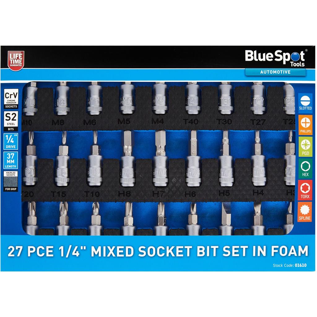 Bluespot 27pc Torx Spline Slot Phillips Hex Bit Star Socket Set 1/4" Sockets