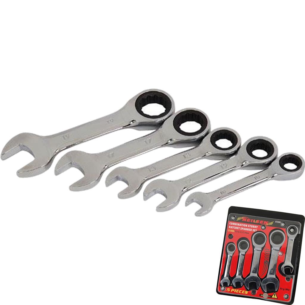 Neilsen 5pc Stubby Ratchet Metric Combination Spanner Wrench Set 10mm - 19mm