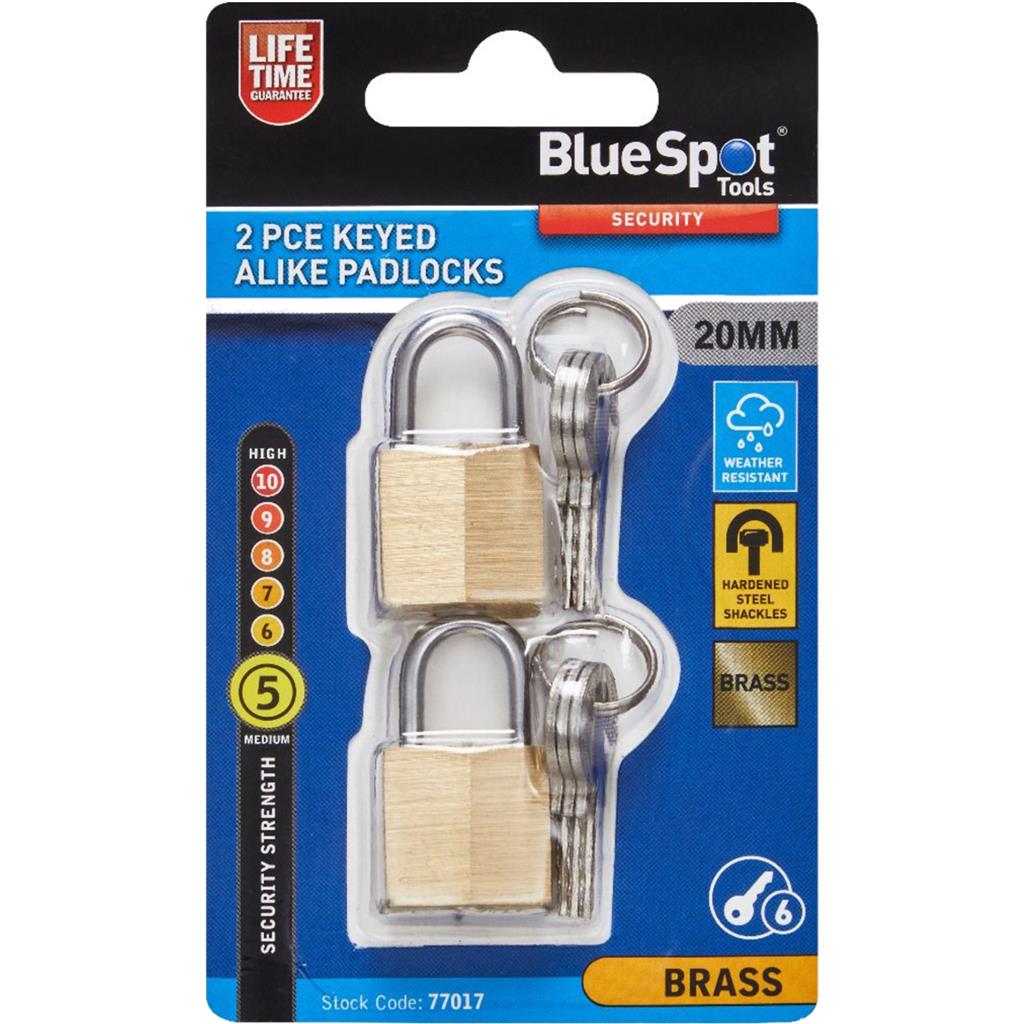 Bluespot 2pc 20mm Short Shackle Outdoor Security Brass Padlock & Keys Alike