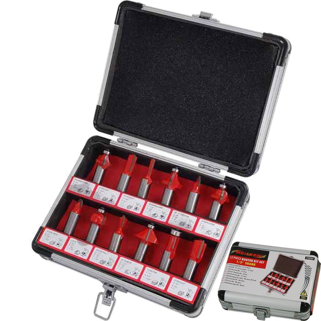 Neilsen 12pc Edge Cutting Router Bits Shank Grooving Rounding Bit Set 1/2"